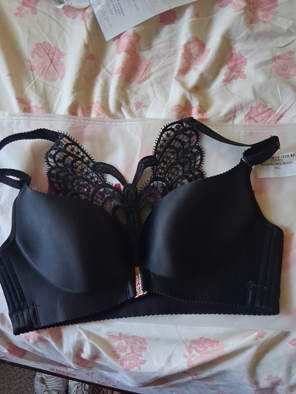 Black Lace-Back Molded Bra with Decorative Racerback